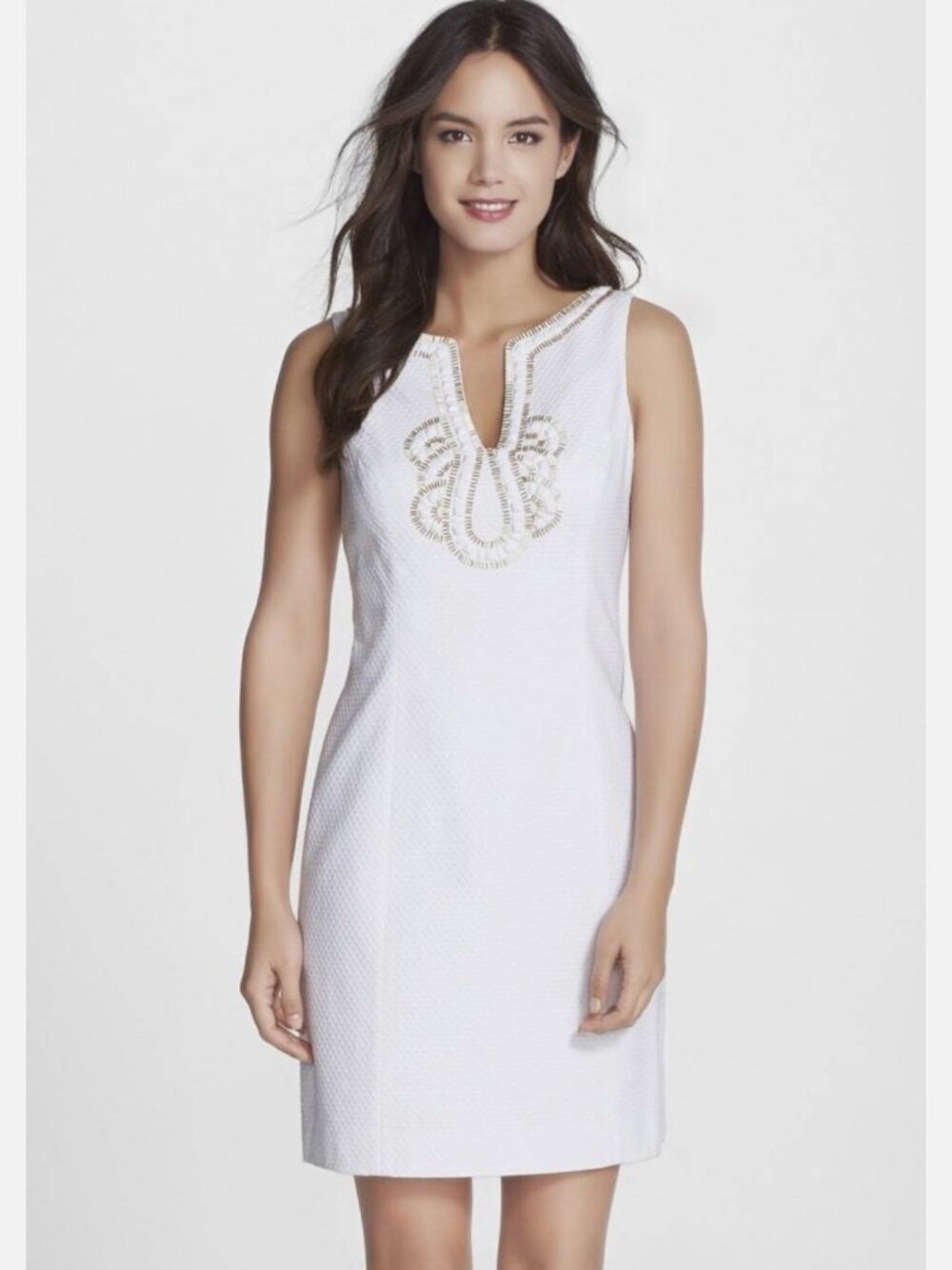 Lilly Pulitzer White Janice Shift Cotton Beaded Dress, Size 6